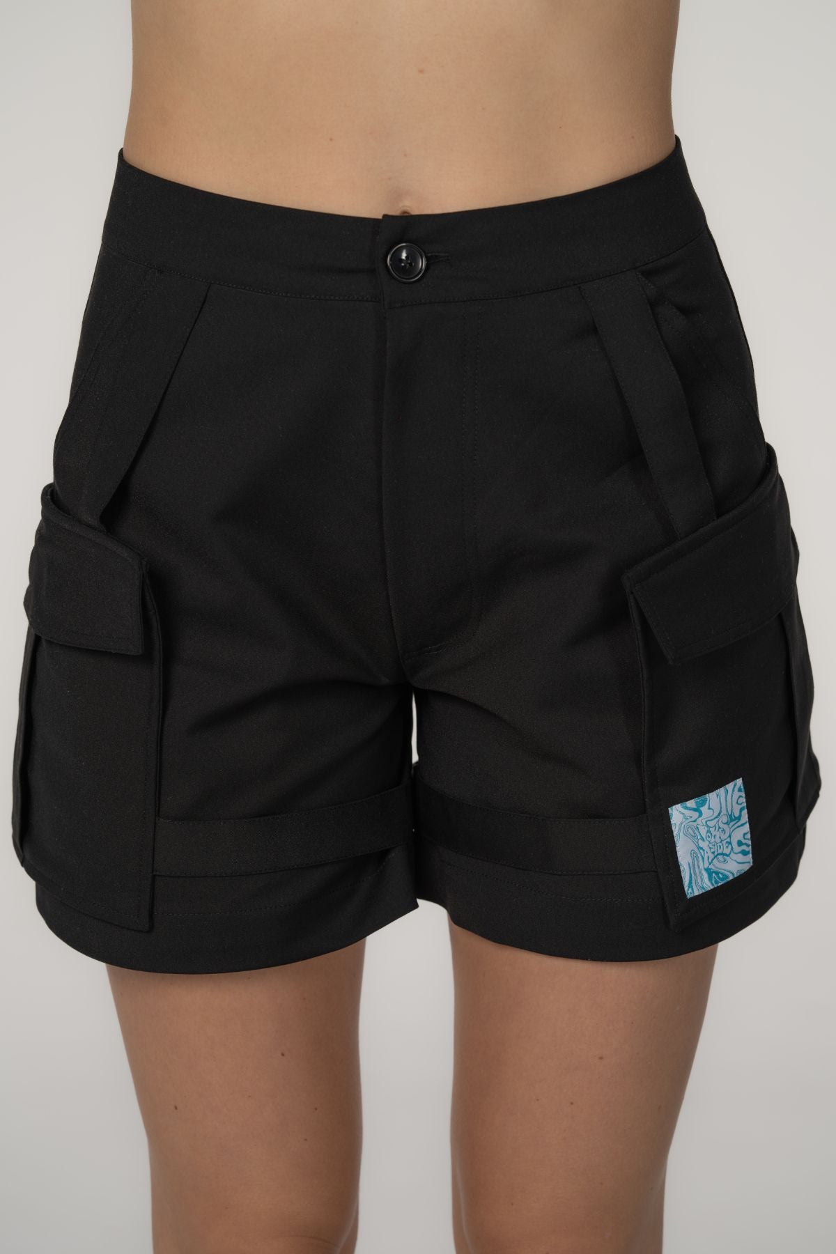 Black Cargo Shorts With Side Straps