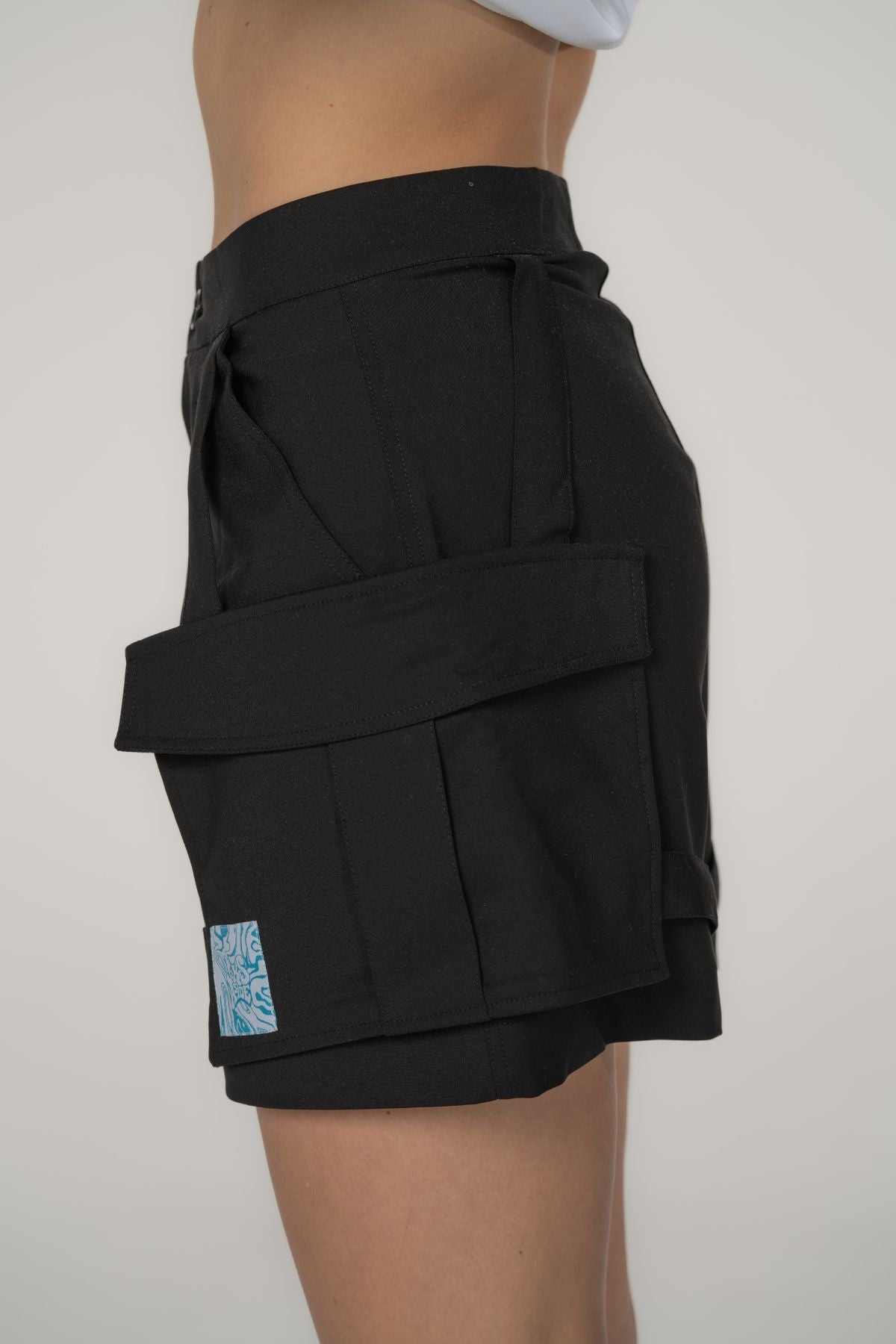 Black Cargo Shorts With Side Straps