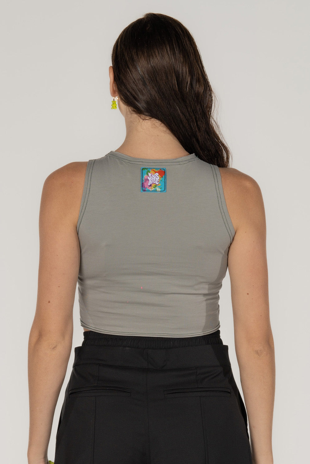 Grey Crop Top with Green Stitching and Embroidery