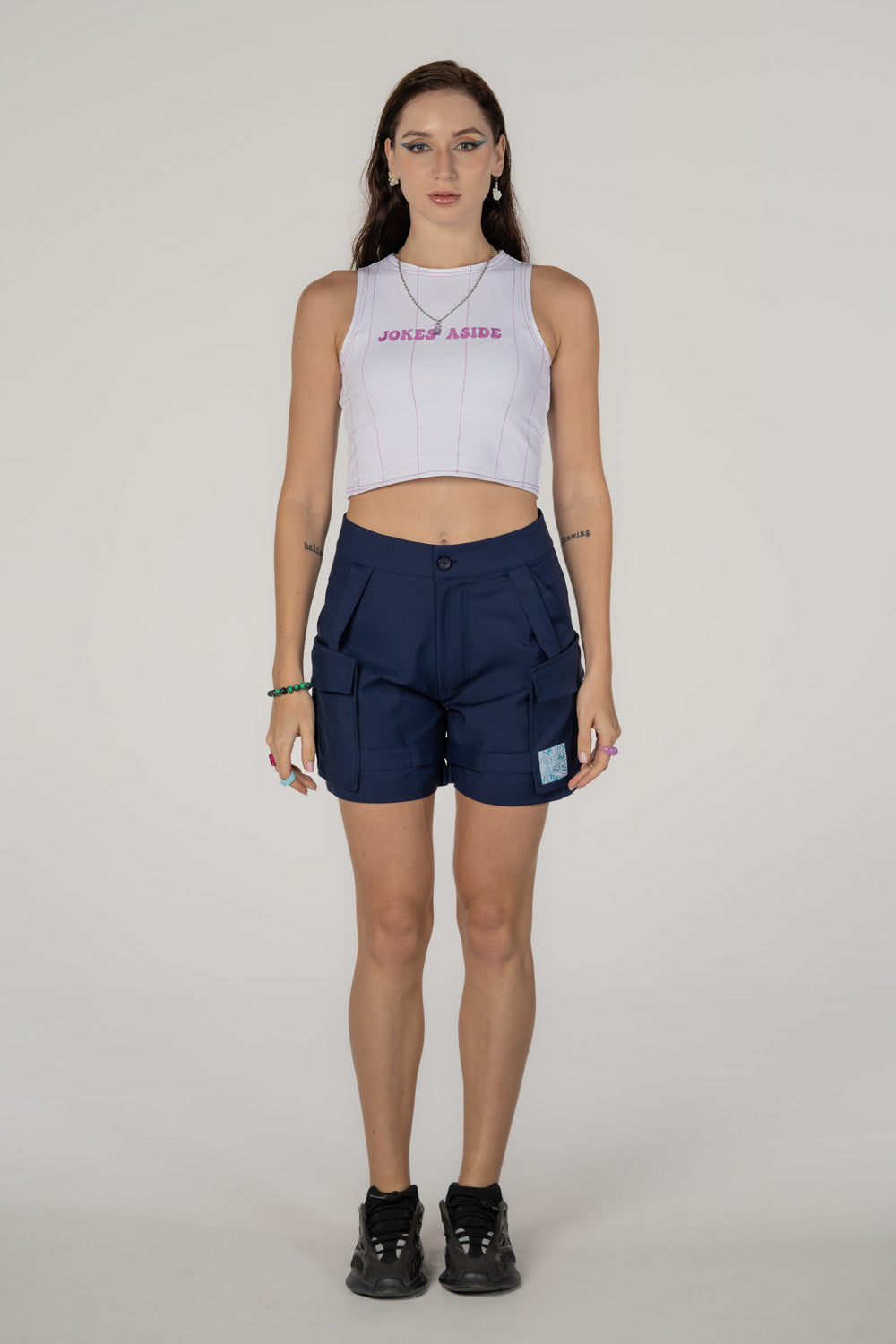 White Crop Top with Pink Stitching and Embroidery