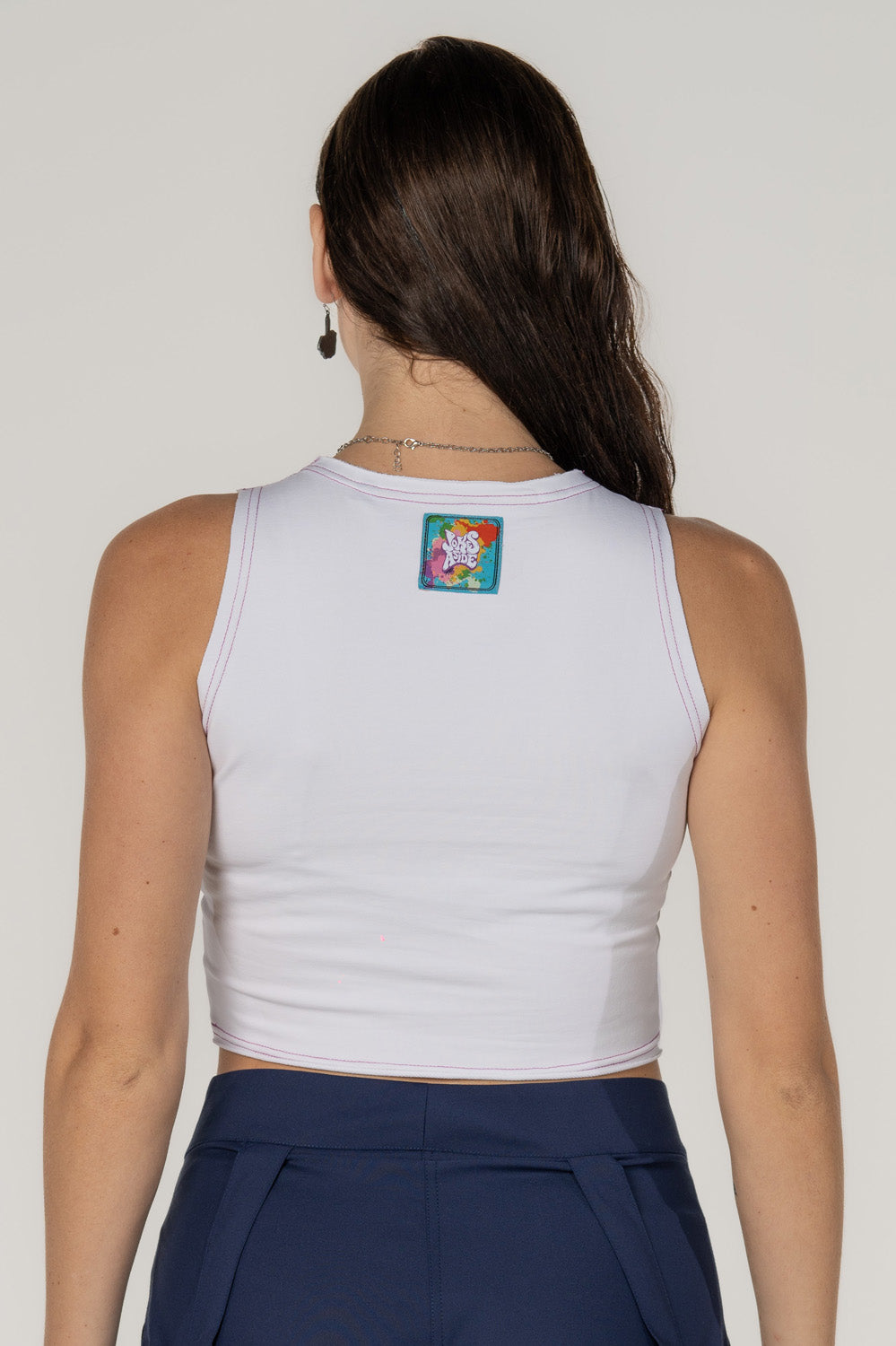 White Crop Top with Pink Stitching and Embroidery