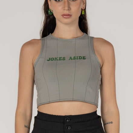 Grey Crop Top with Green Stitching and Embroidery